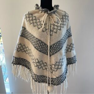 Cost Plus World Market Cream and Gray Knit Poncho Cape
